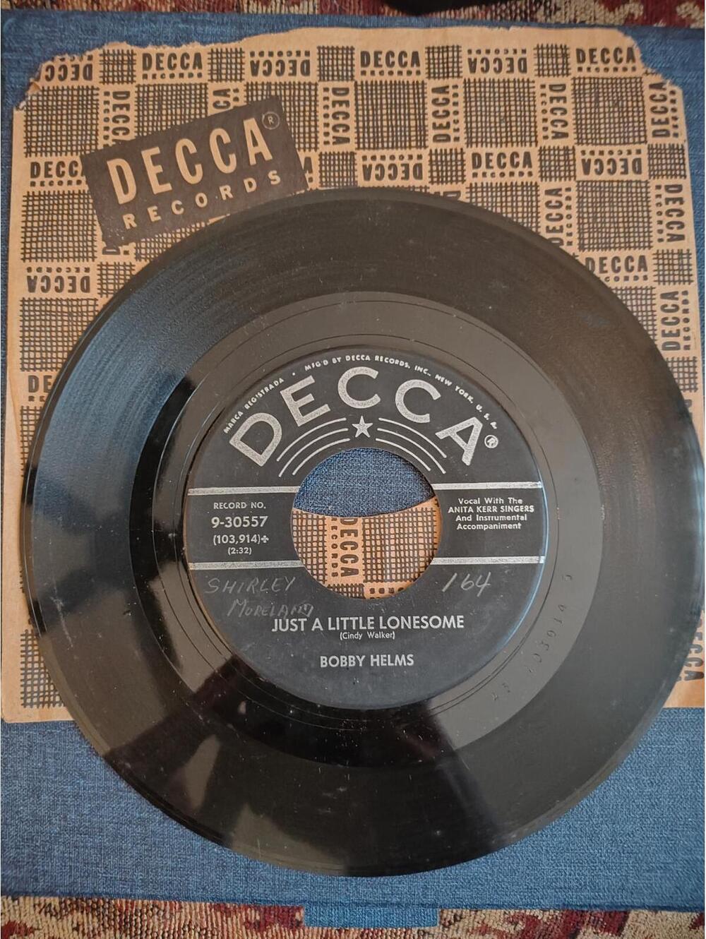 Bobby Helms -Just a little lonesome -45 Vinyl M decca sleeve